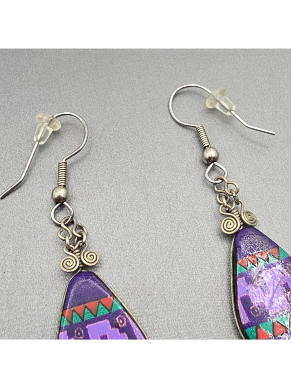 VTG Southwestern Dangle Earrings 3.75" Purple Beaded Fringe Aztec Boho Tribal - Picture 5 of 10